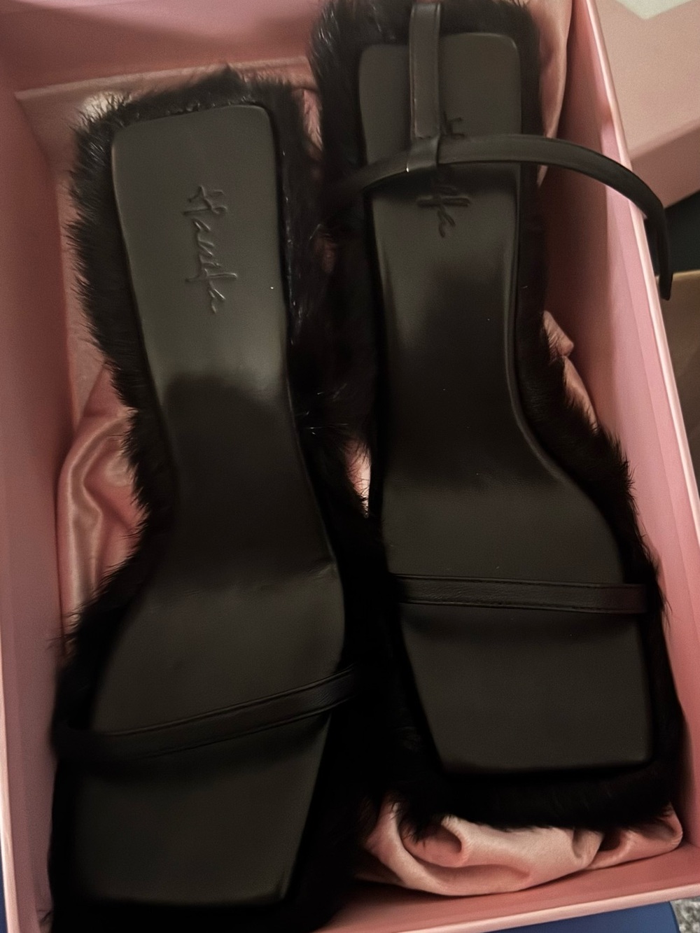 Hanifa Black Fur-Strap Square-Toe Heels